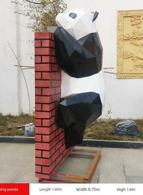 玻璃钢网红打卡通几何熊定制不锈钢爬墙母子熊猫雕塑屋顶发光门头