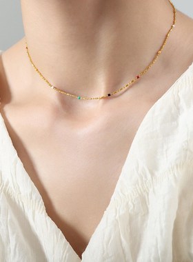 新款简约ins风小众设计个性时尚气质钛钢珠滴油项链女百搭饰品