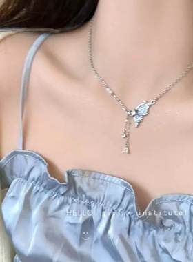 岛屿假日~蓝色蝴蝶双层珍珠项链女清冷感叠戴锁骨链轻奢小众精致