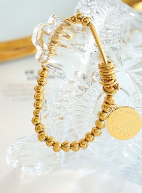 欧美ins风bracelet情侣圆牌钢珠手链弹力手链 钛钢18K金手饰 E045