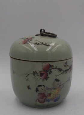 收藏品正图粉古董瓷器盖清雍罐摆件仿古彩古玩书房人物茶叶 婴戏