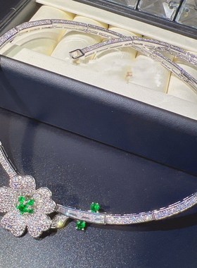 轻奢微镶项链耳环戒指女绿锆石花朵项圈套装气质新娘婚纱宴会首饰