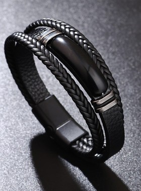 欧美跨境皮手链绿东陵石头手工编织PU皮革手环不锈钢圈男士手饰品