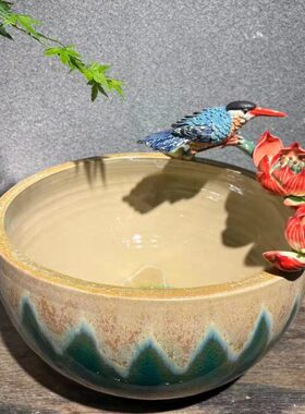 聚宝盆荷花翠鸟鱼缸摆件石湾陶瓷公仔手工中式玄关装饰招财