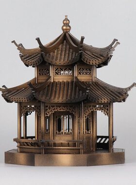 新中式禅意古铜色建筑中国风玄关柜茶桌八角凉亭样板间售楼部摆件