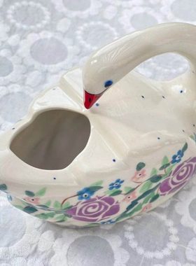 现货　波兰手绘陶瓷　mi工厂艺术家系　紫蔷薇　天鹅笔筒