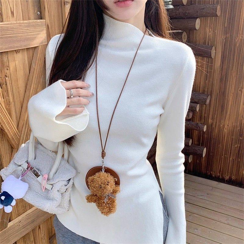 甜辣半高领毛衣女秋冬内搭斜领喇叭袖高级感修身开叉针织打底上衣,淘宝优惠券,粉丝福利购,淘宝优惠卷