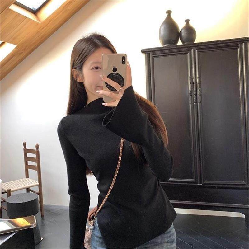 甜辣半高领毛衣女秋冬内搭斜领喇叭袖高级感修身开叉针织打底上衣,淘宝优惠券,粉丝福利购,淘宝优惠卷