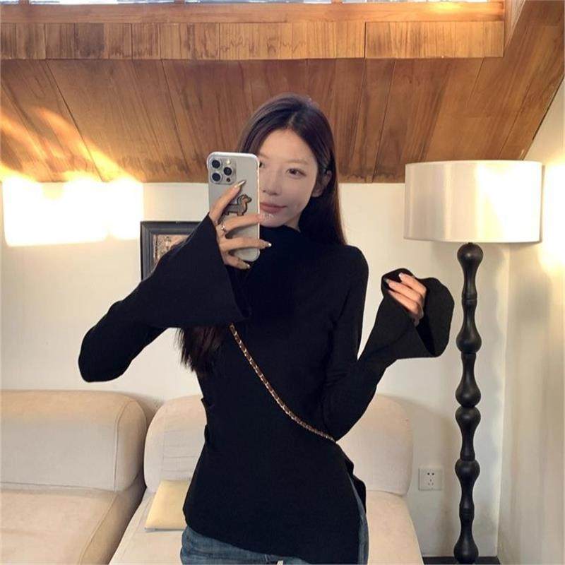 甜辣半高领毛衣女秋冬内搭斜领喇叭袖高级感修身开叉针织打底上衣,淘宝优惠券,粉丝福利购,淘宝优惠卷