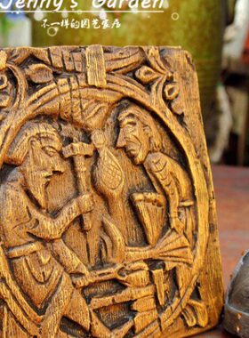 北欧复古仿木雕摆件 维京王国装饰 铁匠之心 花园壁挂板 古典花园