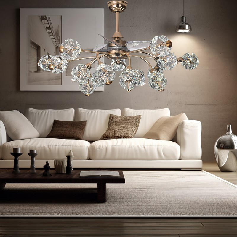 客厅餐厅水晶风扇吊灯全光谱轻奢奶油风新款变频全铜电机智能语音 - 图1