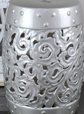 新中式银灰色镂空雕花圆柱陶瓷鼓凳户外庭院家居阳台装饰摆件