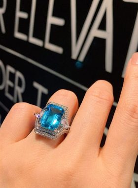 2023新款欧美托帕蓝复古风戒子闪耀满镶钻女士戒指10*14百搭