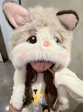 桃气可爱小花猫耳朵毛绒帽子保暖
