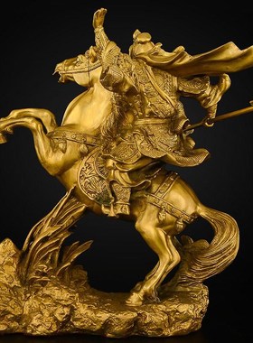 纯黄铜关公摆件客厅店铺家用供奉神像武财L神骑马关公像关二爷铜