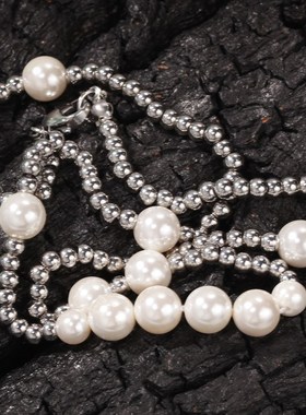 欧美街头珍珠不锈钢球混搭嘻哈项链网红同款潮人锁骨链一件代发