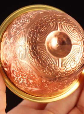 底座式手工铜八吉祥水杯家用红水碗纯藏供奉尼泊尔酒水摆件雕花