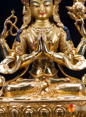 尼泊尔观音菩萨铜像12寸铜镀金西藏嵌宝石现代雕花居家铜像摆件
