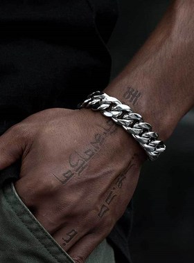 欧美跨境嘻哈不锈钢古巴手链弹簧扣圆磨加密钛钢男士手链饰品