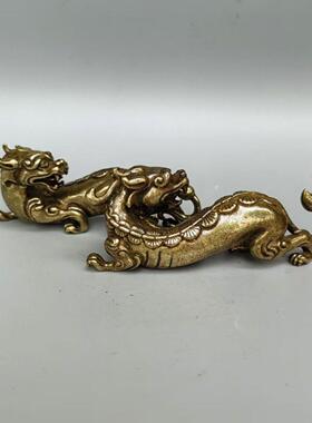黄铜覆古貔貅神兽麒麟纯铜一对客厅手把摆件茶宠家居摆件