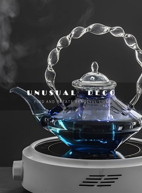 现代简约日式蓝色玻璃p扭纹茶壶茶具客厅餐厅样板房间售楼处摆件