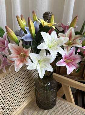 婚庆3头3D小百合花 胶布手感仿真花家居装饰摆件假花花艺轻奢客厅