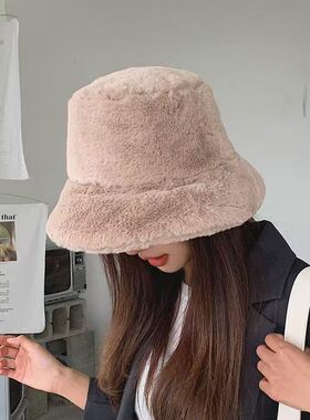 渔夫帽冬装毛绒帽子女秋冬季加厚显脸小保暖防寒素颜白色水桶盆帽