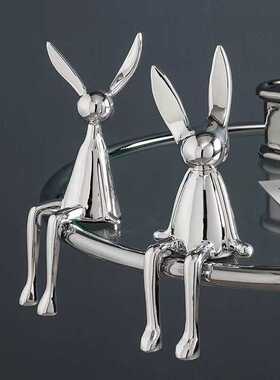 简约轻奢创意电镀银金蓝色坐姿动物兔子摆件树脂家居软装饰工艺品