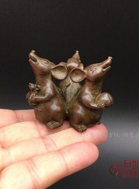 实心铜福禄寿三只老鼠茶宠摆件 铜小老鼠茶杯盖置铜鼠创意铜器