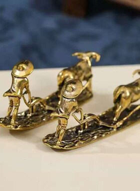 纯黄铜小摆件老人牛农夫耕u耘茶宠办公桌微景观鱼缸造景装饰工艺