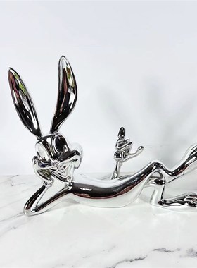 样板房售楼部客厅电视柜s电镀植绒兔子树脂雕塑工艺品软装摆件