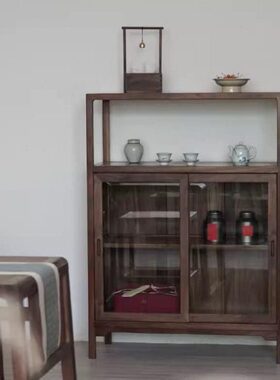 实木餐边柜黑胡桃木新中式茶室美储物玻璃门边柜北置物架餐厅收纳