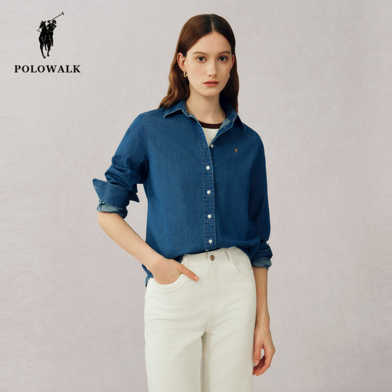 POLOWALK牛仔衬衫女25秋季新款保罗女装时尚休闲纯棉透气衬衣外套,淘宝优惠券,粉丝福利购,淘宝优惠卷