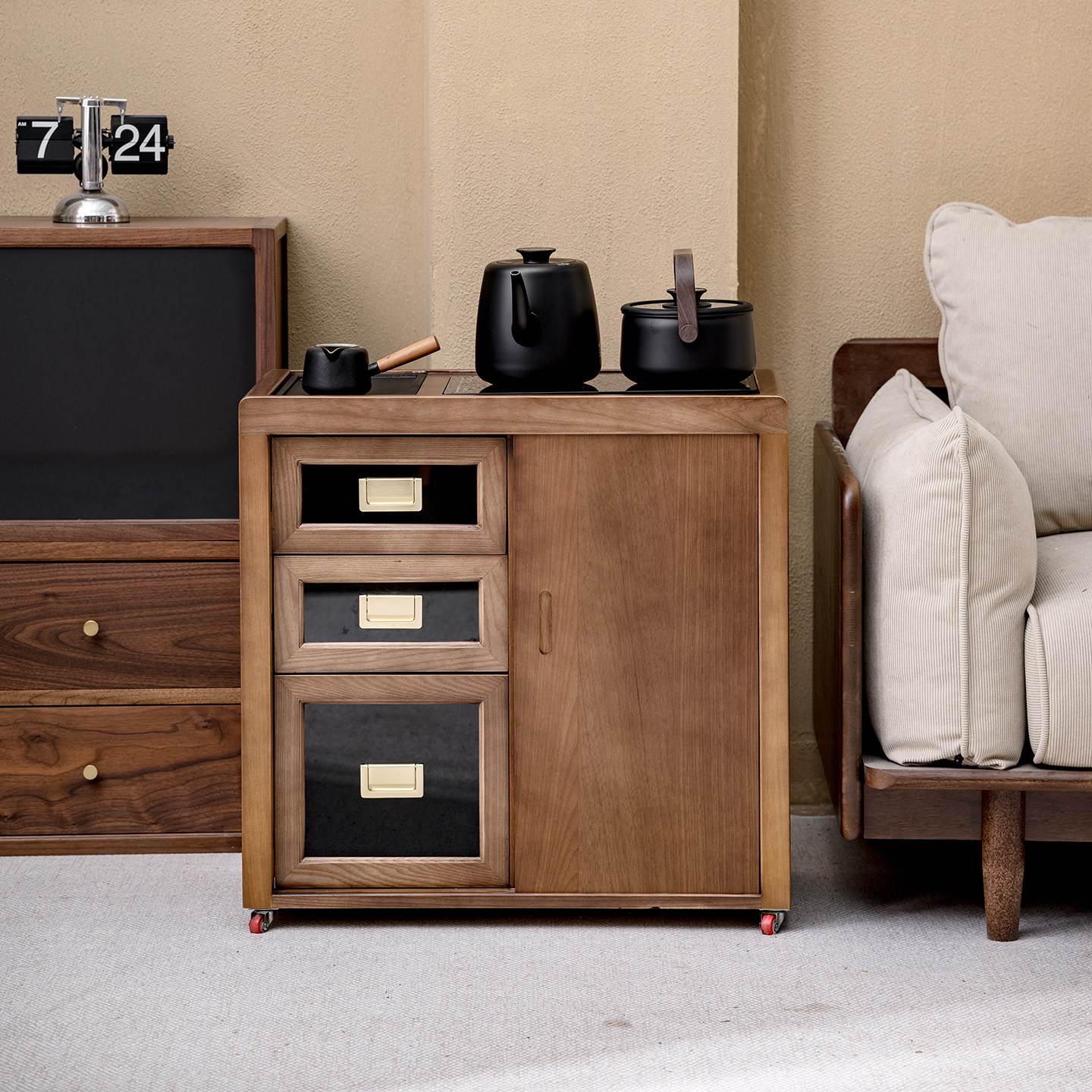 白蜡木茶吧机实木茶水台边柜复古风茶水柜烧水壶一体移动茶台小型,淘宝优惠券,粉丝福利购,淘宝优惠卷