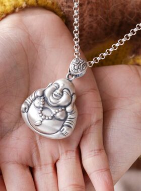 银笑999大大毛衣链足银复古挂坠佛像佛纯银佛女项链吊坠弥勒佛肚