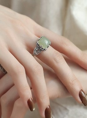 925银复古新中式铜钱币方糖和田青玉戒指环开口调节Y女镂空高级感