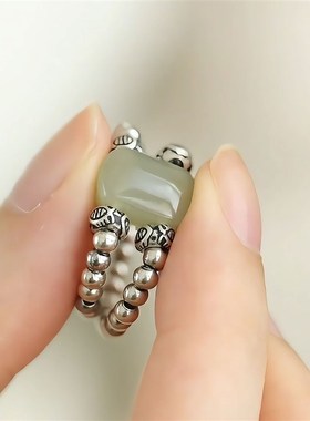 钰鱼纹珠b925银戒指新中式国风复古高级感双层弹力绳轻奢百搭指环