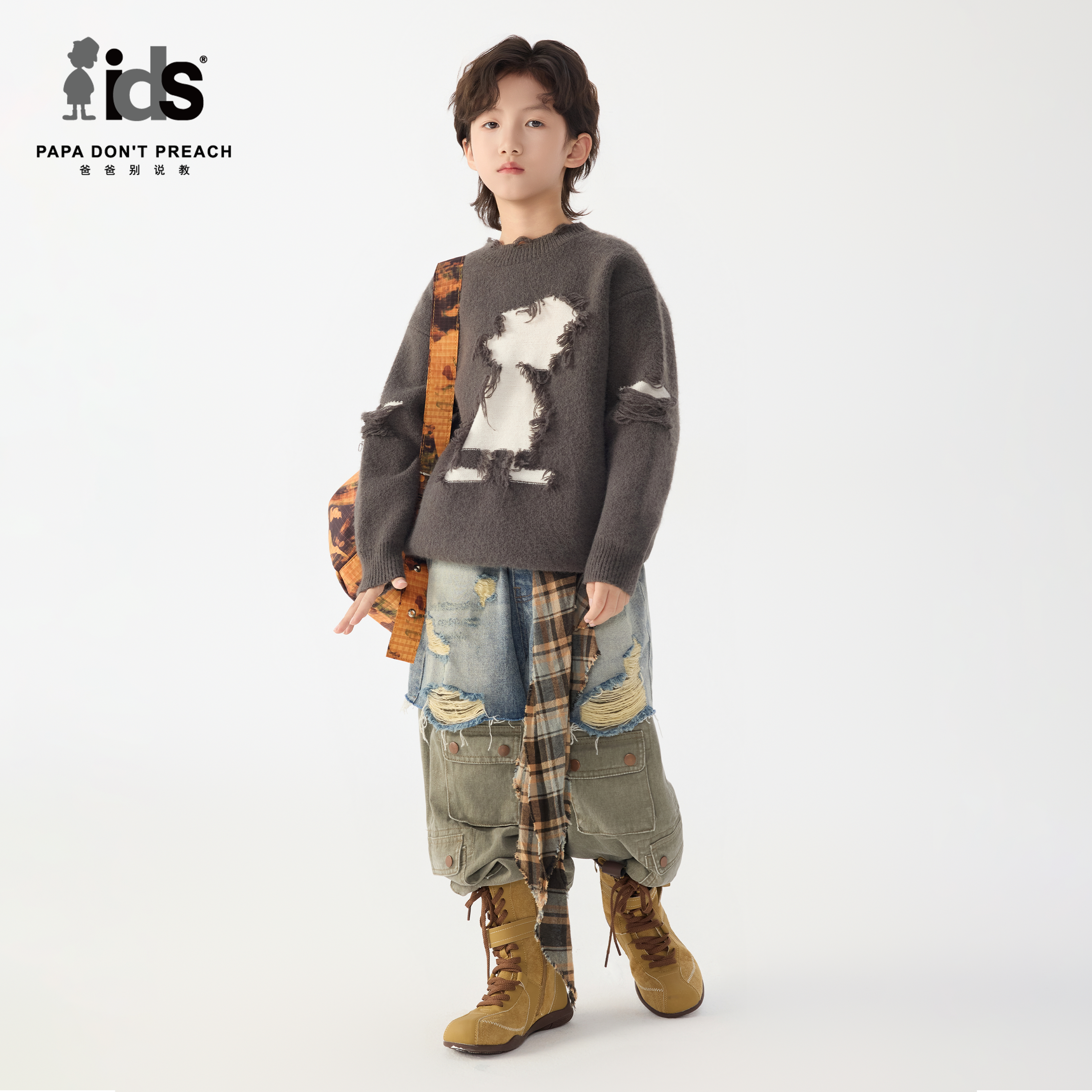 IDS童装拼接阔腿裤男孩复古工装长裤潮流街头风假两件破洞牛仔裤,淘宝优惠券,粉丝福利购,淘宝优惠卷