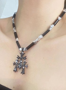 黑色天然竹节新中式玉石项链vintage 小众气质设计十字架饰品颈链