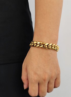 跨境欧美弹簧扣不锈钢手链潮牌嘻哈古巴链男士钛钢手链饰品