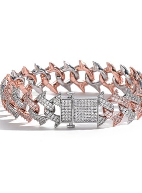 欧美嘻哈18mm粉白锆石尖刺荆棘古巴链项链弹簧扣男士个性嘻哈项链