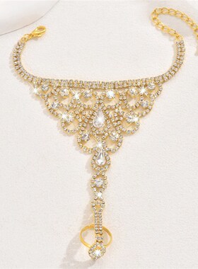 欧美时尚配饰 个性网格水滴形水钻连指手背链 潮流气质满钻配饰