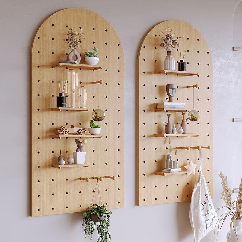 Solid wood hole board wall storage rack without punching into the entrance hall living room decorative wall hanging partition storage rack