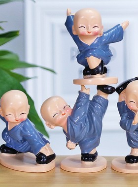 创意功夫小和尚卡通禅意少林沙弥树脂模型摆件汽车装饰品家居摆设