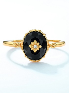 新款日韩风时尚流行黑玛瑙戒指复古花纹S925纯银戒指一件