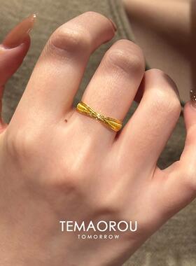 S925纯银中古风金色交叉素圈戒指