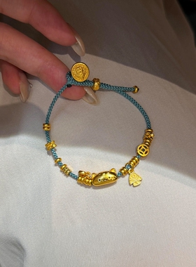 S925纯银新中式金色猫咪蓝色手链
