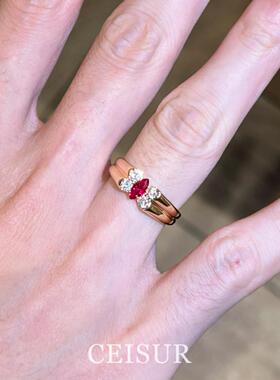 S925纯银中古马眼红宝闪钻戒指女