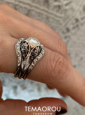 S925纯银做旧镂空繁花戒指女小众