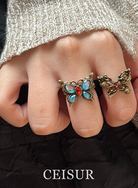 S925纯银镂空做旧蝴蝶戒指女小众